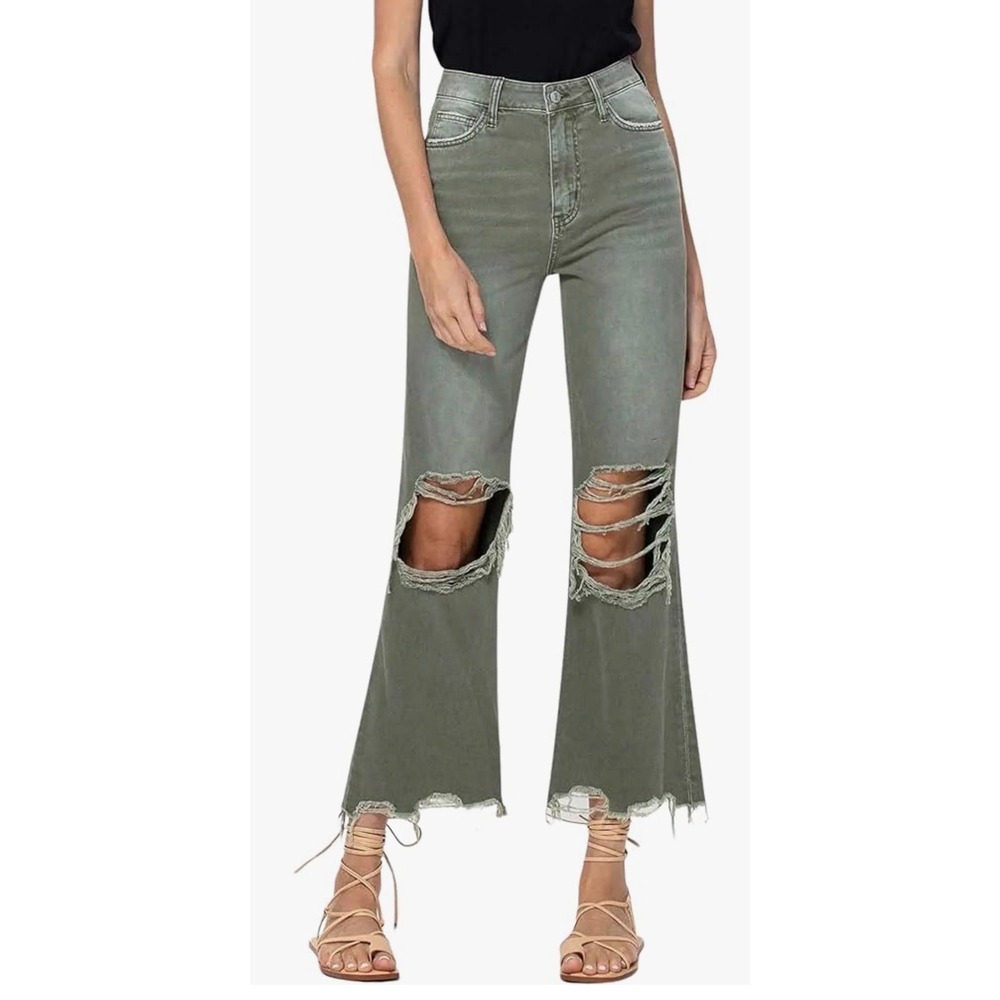 Vervet‎ Los Angeles Sage Green Distressed Wide Leg Jeans V2738 Womens Size 26 - Picture 2 of 7